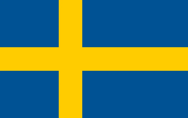 The flag of Sweden has a blue field with a large golden-yellow cross that extend to the edges of the field. The vertical part of this cross is offset towards the hoist side.