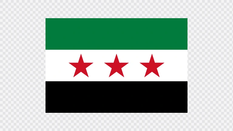 The flag of Syria is composed of three equal horizontal bands of red, white and black. At the center of the white band are two small five-pointed green stars arranged in a horizontal line.