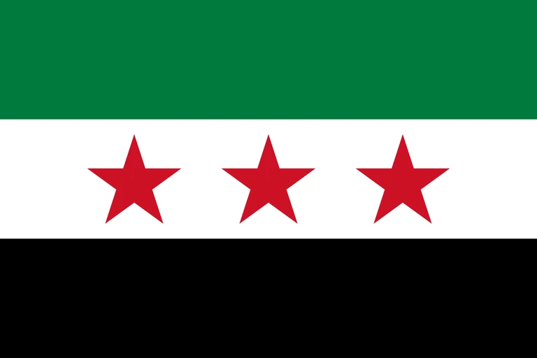 The flag of Syria is composed of three equal horizontal bands of red, white and black. At the center of the white band are two small five-pointed green stars arranged in a horizontal line.