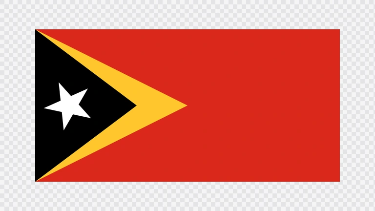 The flag of Timor-Leste has a red field with two isosceles triangles which share a common base on the hoist end. The smaller black triangle, which bears a five-pointed white star at its center and spans one-third the width of the field, is superimposed on the larger yellow triangle that extends to the center of the field.