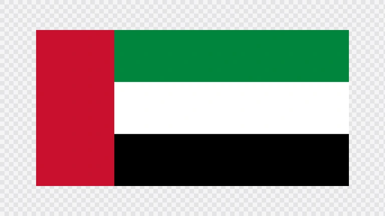 The flag of United Arab Emirates features a red vertical band on its hoist side that takes up about one-fourth the width of the field and three equal horizontal bands of green, white and black adjoining the vertical band.