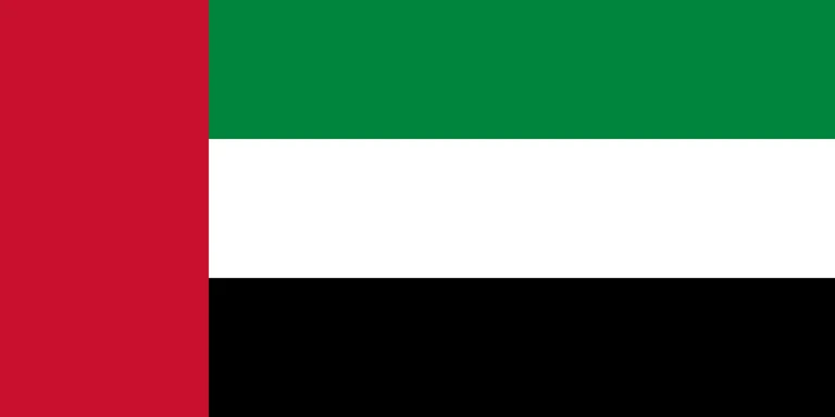 The flag of United Arab Emirates features a red vertical band on its hoist side that takes up about one-fourth the width of the field and three equal horizontal bands of green, white and black adjoining the vertical band.
