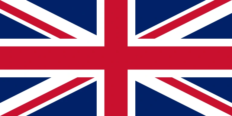 The flag of the United Kingdom — the Union Jack — has a blue field. It features the white-edged red cross of Saint George superimposed on the diagonal red cross of Saint Patrick which is superimposed on the diagonal white cross of Saint Andrew.