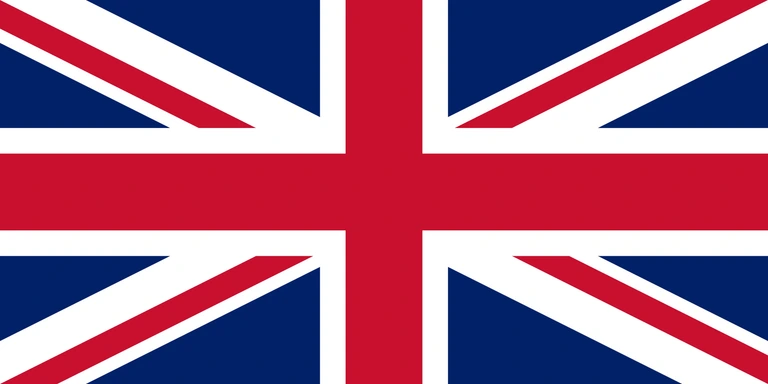 The flag of the United Kingdom — the Union Jack — has a blue field. It features the white-edged red cross of Saint George superimposed on the diagonal red cross of Saint Patrick which is superimposed on the diagonal white cross of Saint Andrew.