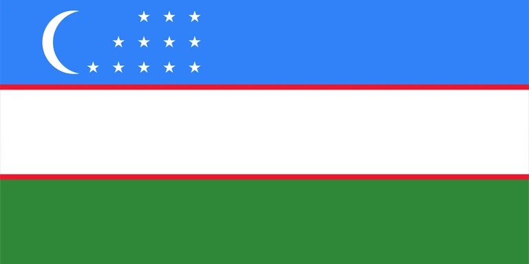 The flag of Uzbekistan is composed of three equal horizontal bands of turquoise, white with red top and bottom edges, and green. On the hoist side of the turquoise band is a fly-side facing white crescent and twelve five-pointed white stars arranged just outside the crescent opening in three rows comprising three, four and five stars.
