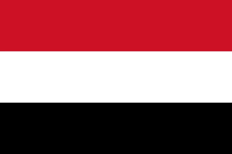 The flag of Yemen is composed of three equal horizontal bands of red, white and black.