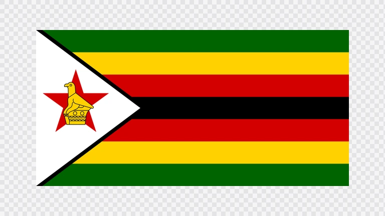 The flag of Zimbabwe is composed of seven equal horizontal bands of green, yellow, red, black, red, yellow and green, with a white isosceles triangle superimposed on the hoist side of the field. This triangle is edged in black, spans about one-fourth the width of the field and has its base on the hoist end. A yellow Zimbabwe bird superimposed on a five-pointed red star is centered in the triangle.